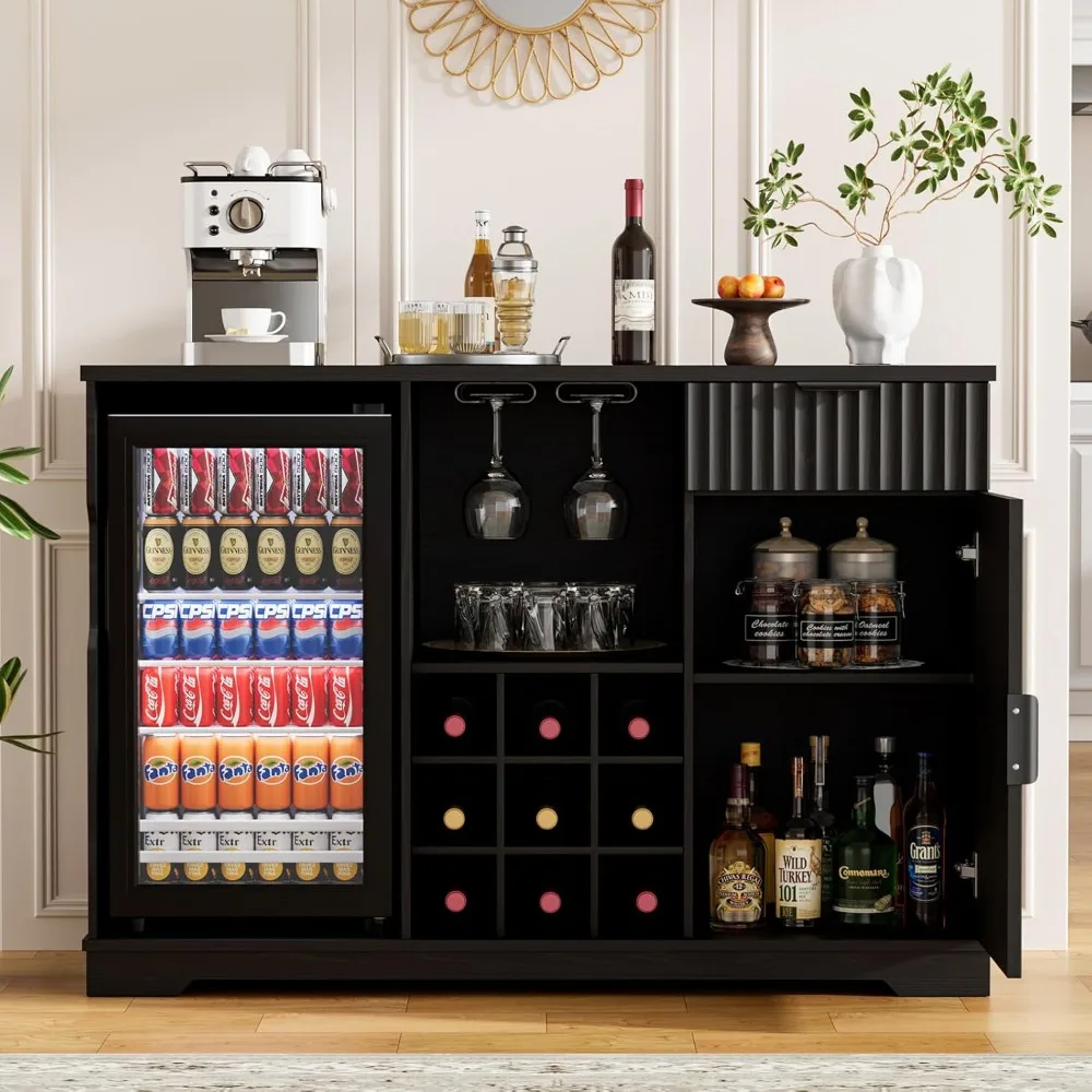 Armário de Bar para Vinhos com Frigobar (Frigobar Incluído), Armário de Café de 47 polegadas com Suporte para Vinhos e Copos, Personalizado