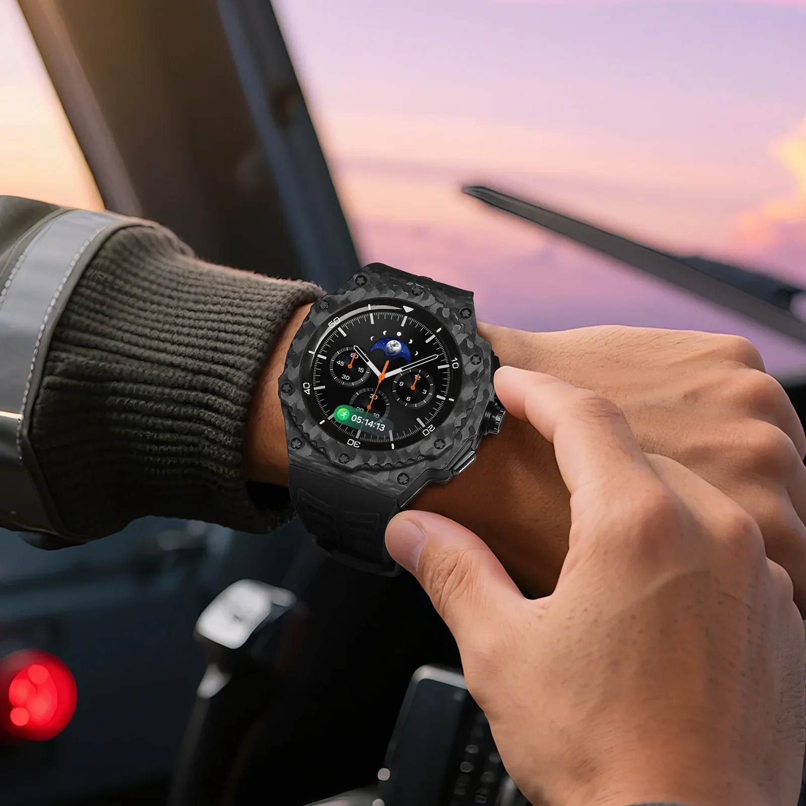 Carbon Fiber Case Modification Kit for Samsung Galaxy Watch 8 44mm Fluororubber Strap for Galaxy Watch 8 Classic 46mm Mod Kit