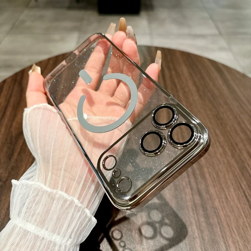 حافظة مغناطيسية لاسلكية لامعة برتقالية من إيما لهاتف آيفون 17 16 15 14 13 12 11 Pro Max Plus مع حماية عدسة تغطية كاملة