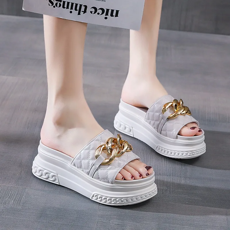 High quality 7cm Genuine Leather Women Summer Shoes Outside Slippers Beach Shoes Platform Wedges Slides Sandals Beach Shoes