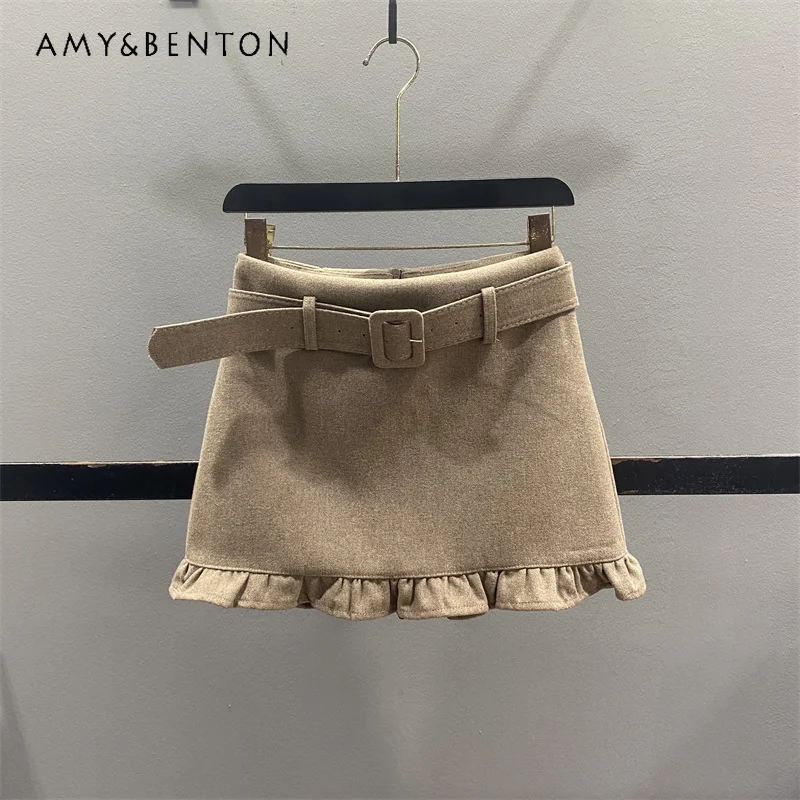 

French Retro Ruffled Woolen Women's Skirt 2025 Autumn Winter Age-Reducing Slimming Hot Girl Bodycon A-Line Short Skirts Ladies