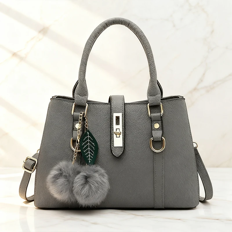 

Women Fashion Hairball Shopper Totes Solid Color PU Leather Large Capacity Handbag Ladies Luxury Designer Crossbody Shoulder Bag