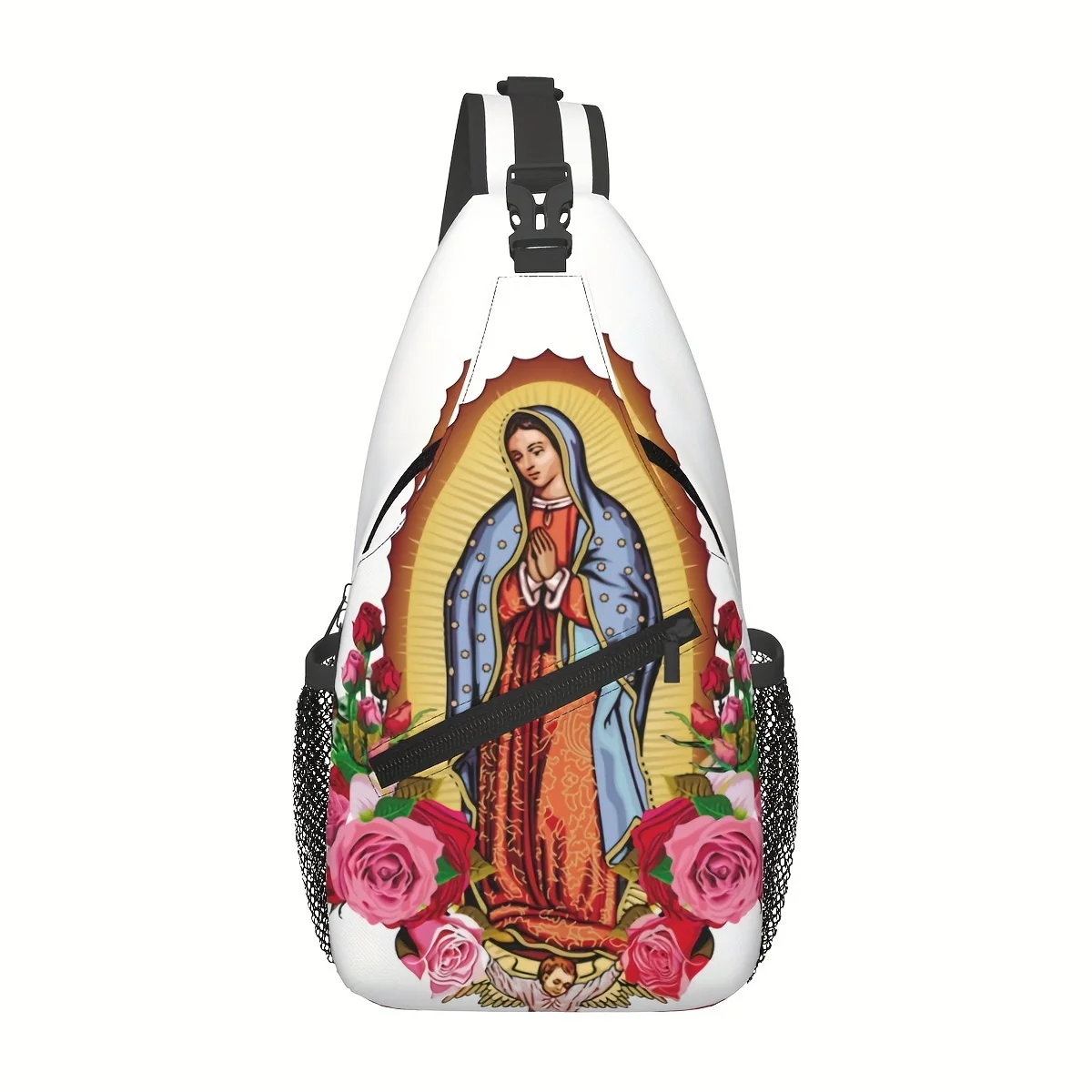

1 шт., нагрудная сумка-слинг Девы Марии Гваделупской — прочный рюкзак через плечо из полиэстера с цветочным дизайном для мужчин