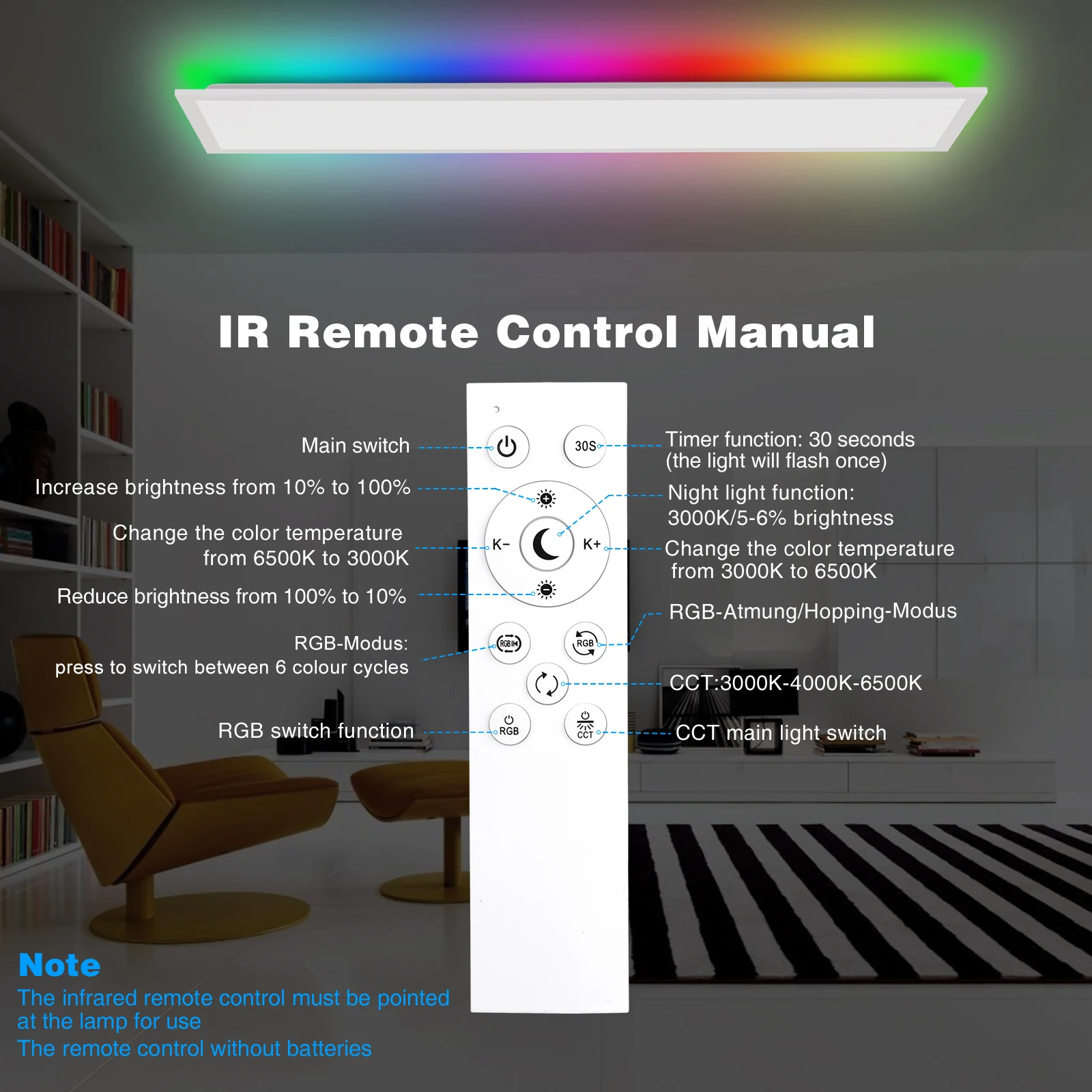 3-Pack RGB LED Panel Ceiling Light 100cm, 30W 3300LM, 3000–6500K, Remote & Memory Function for Living Room, Bedroom, Kitchen