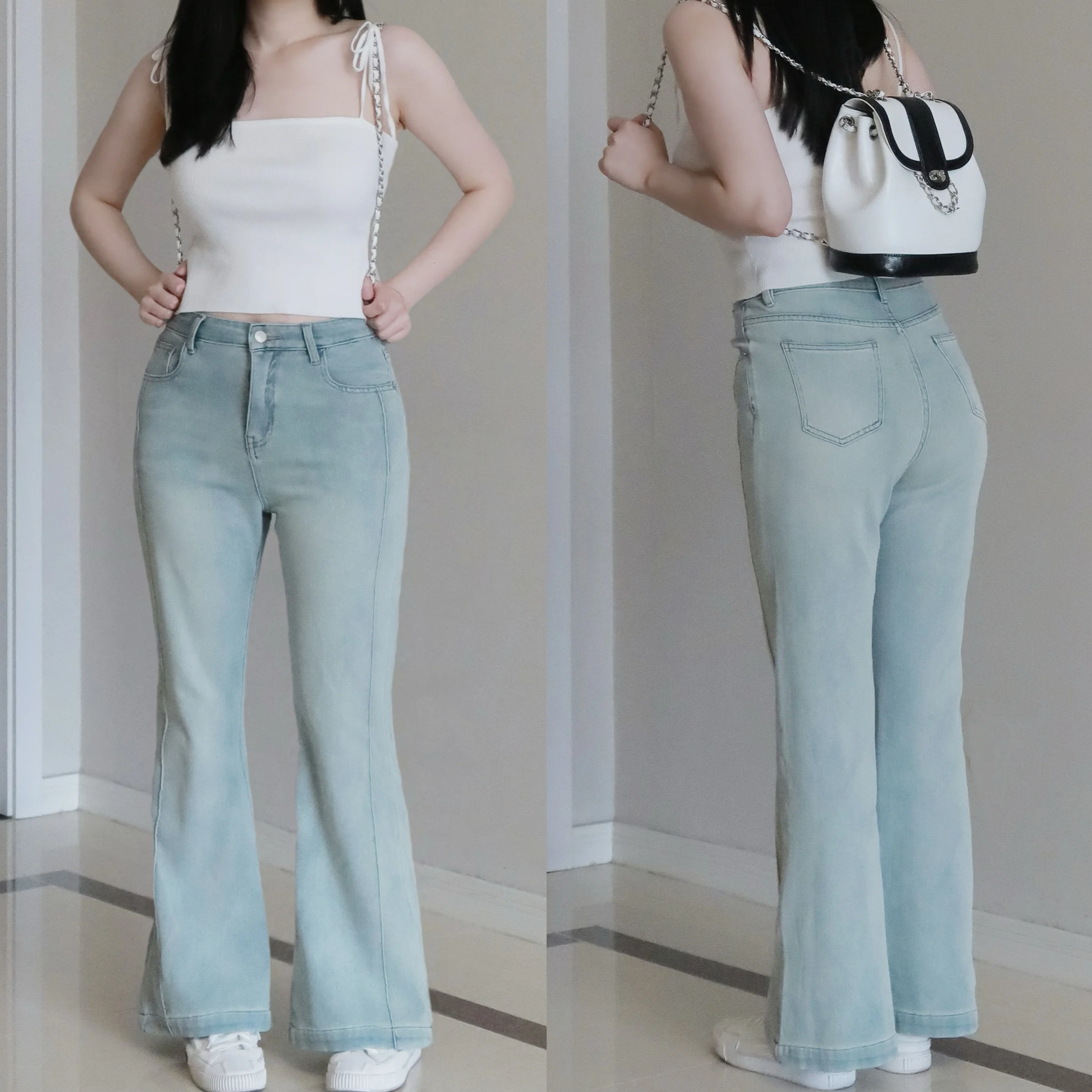 

Светло-голубые джинсы-клеш с высокой талией, эластичные, повседневные, женские, из денима, с эффектом удлинения ног, облегающие, весна-осень