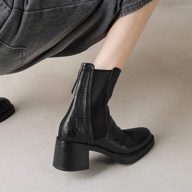 TULING JUN 2024 Winter Mature Woman Round Head Solid Color Ankle Zip Boots High Heels Shoes For Female Retro T-A1006