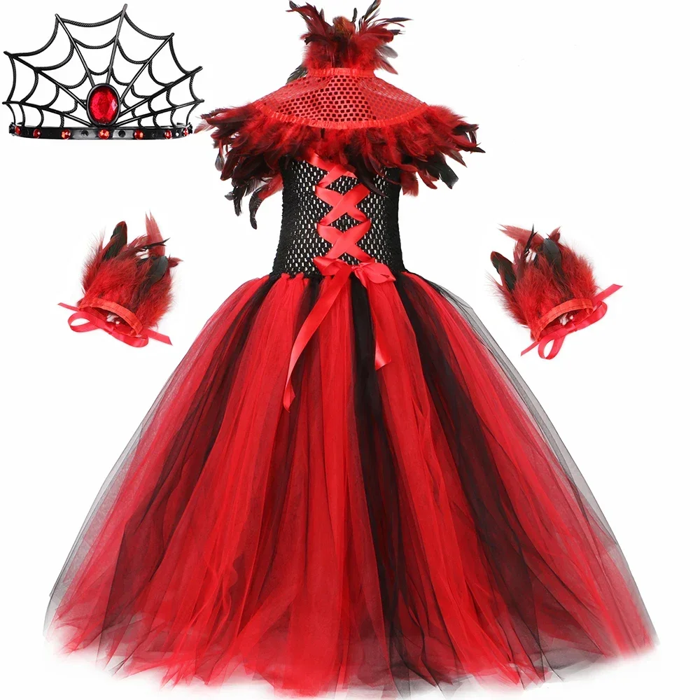 Girls Gothic Demon Vampire Costume Evil Queen Witch Tulle Tutu Dress Long Kids Halloween Carnival Party Dress Up Clothes Outfits