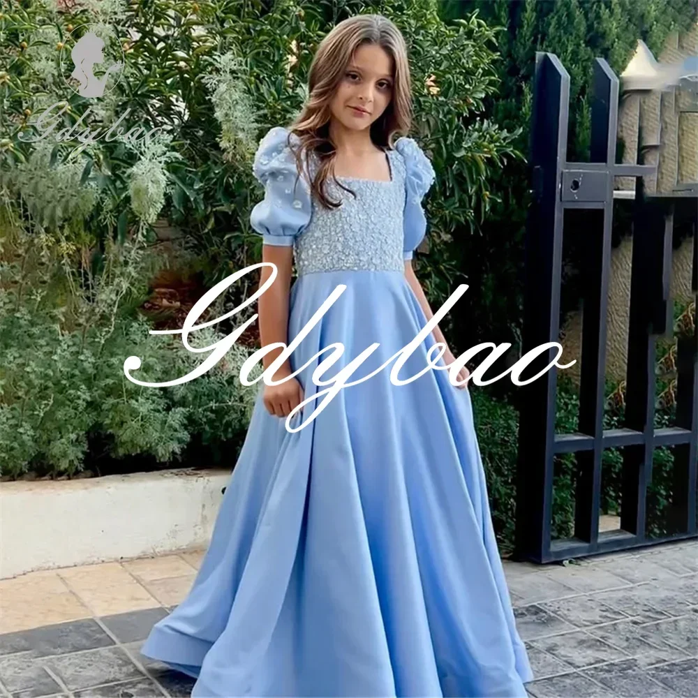 

Luxury Sequined Applique Elegant A Line Square Neck First Communion Dress Floor Length Half Sleeve Flower Girl Gown Customized