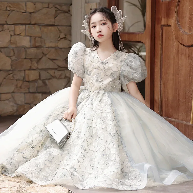 

V Collar Girl Fashion Princess Dress Bridesmaid Dresses for Wedding Puff Sleeves Children Evening Gown Tulle Girls Frocks