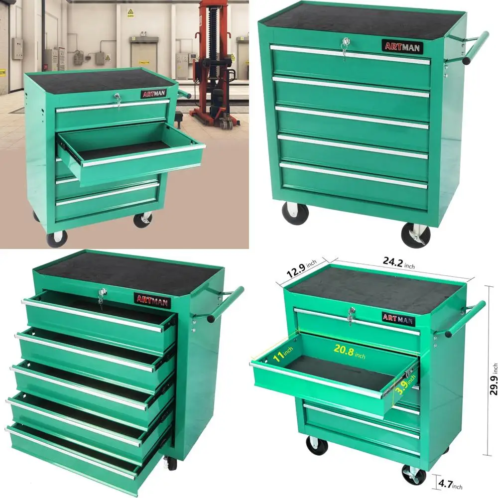 

Green CHARMMA 5 Drawer Rolling Tool Chest with Lock, 24.25x12.99x27.95 Storage Cabinet