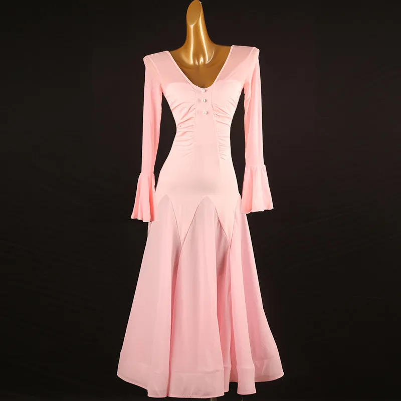 V‑neck flare long sleeve big swing dance dress with chest pleats vertical button decor simple slim cut,suitable for ballroom dan