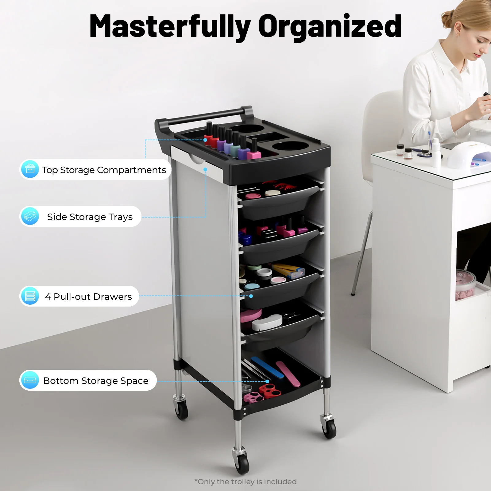 

5Drawer Hair Salon Rolling Trolley w/4 Universal Wheels and Hair Dryer Holder, Mobile Storage Shelf Cart for Hairdressing Salon