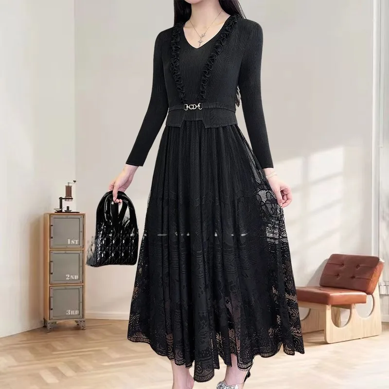 

Miyake плиссированное платье с v-образным вырезом 2021, темпераментное кружевное женское вечернее платье с вырезами, элегантное тонкое платье больших размеров, новые платья