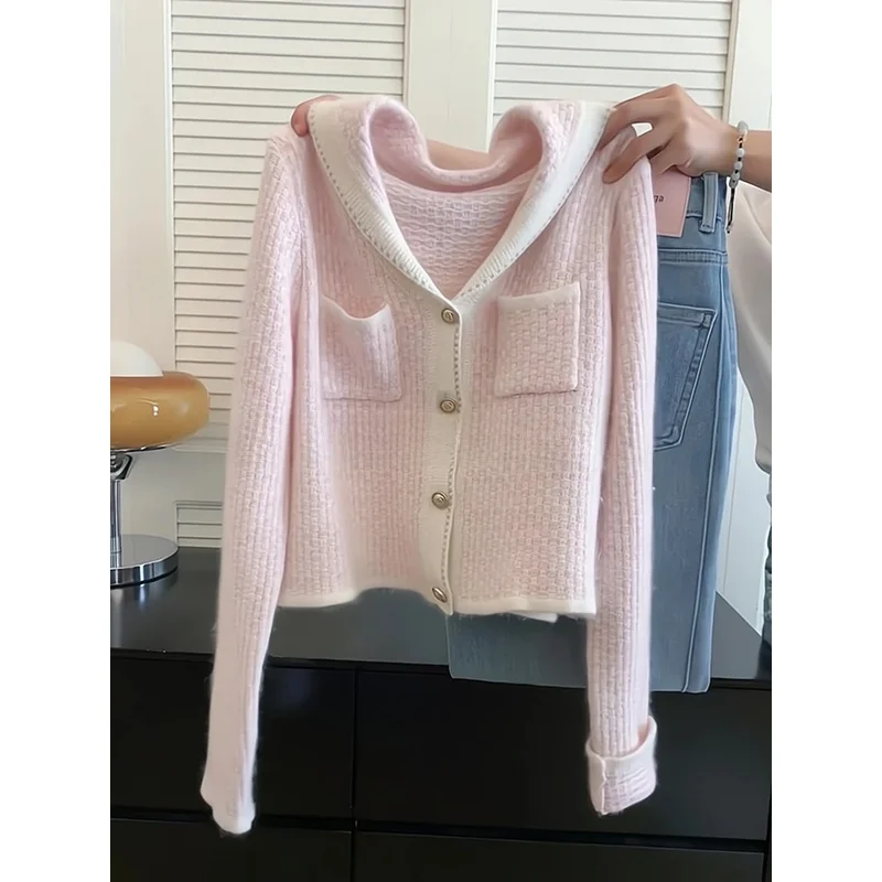 Sweet Sle Weicher, hautfreundlicher hellrosa Strickpullover ort Cardigan Faionable Damen Herbst Neuankömmling Pendler Sle...