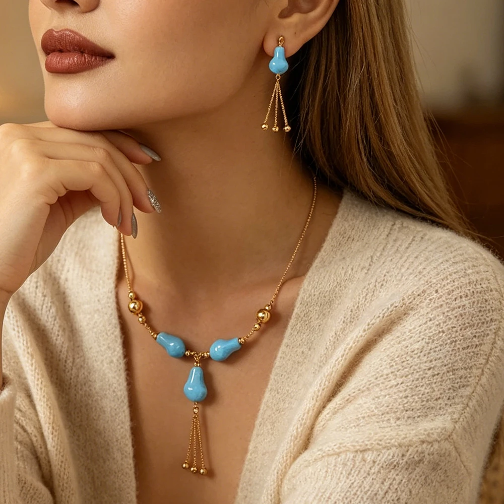 

Middle Eastern Turquoise Jewelry Set for Women Irregular Beads Pendant Necklace Tassel Chain Drop Earrings Vintage Statement