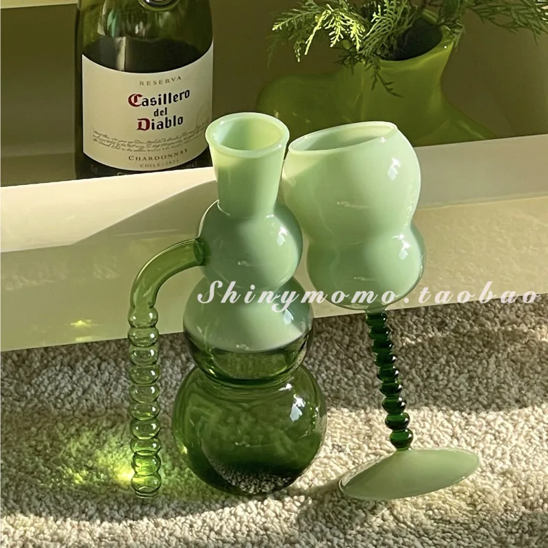 Creative And Personalized Kitchen Bar Wake Up Glass Gourd Shaped Summer Cold Water Tea Pot Retro Colored Glass High Legged Cup