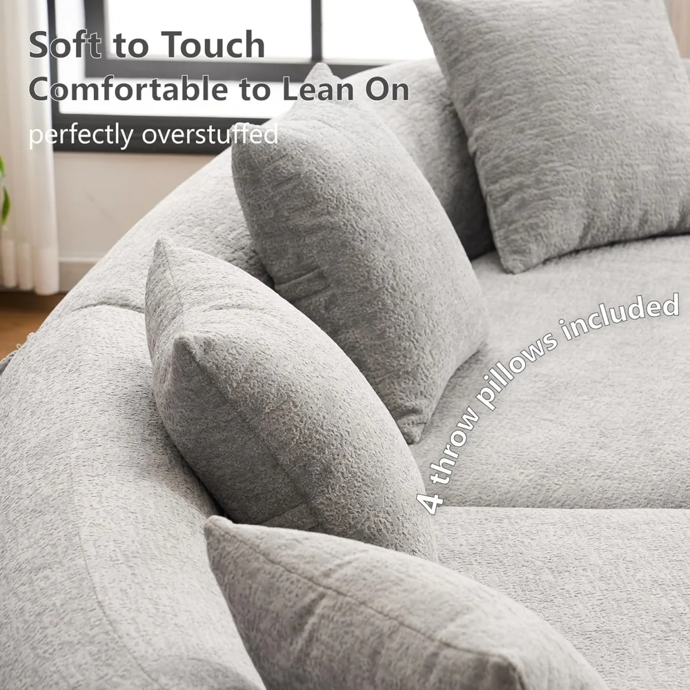 Oversized Sectional Sofa, 106’’ Plush Chenille 4-Seater Seat Curved Cloud Couch with 4 Throw Pillows, No Assembly Needed