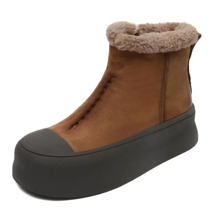 

Женские зимние ботинки 4 см, зимние теплые ботильоны на плоской платформе из натуральной кожи на молнии в стиле ретро, женская хлопковая обувь