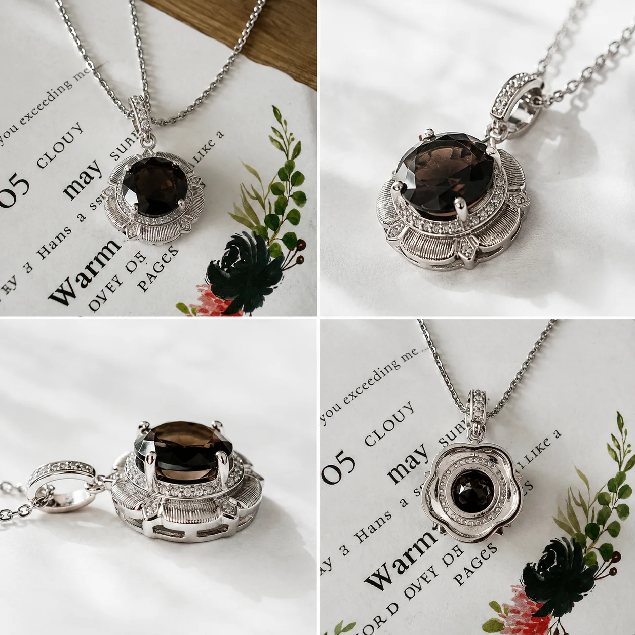 ITSMOS Natural Smoky Quartz Pendant Necklace Art Deco Brown Halo Pendant with Pavé Bail Antique Style Fine Jewelry for Women view 2