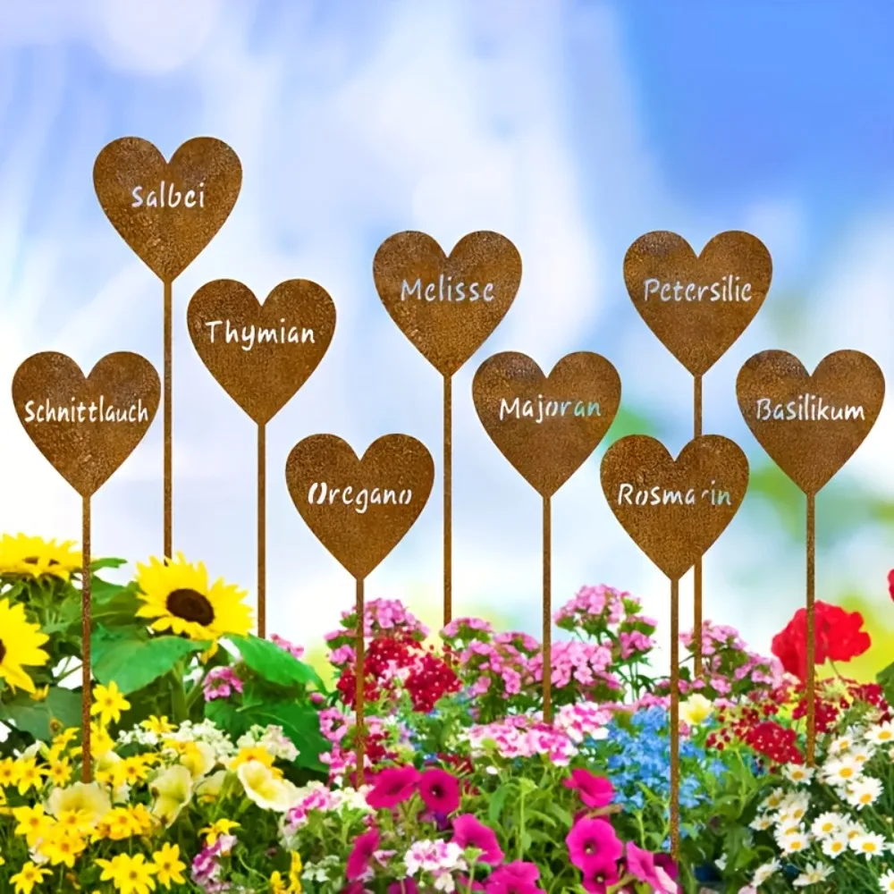 CIFBUY 9Pcs Rustic Metal Heart Garden Stakes Herb Markers Iron Yard Decor for Outdoor Fence Planter Pots Weatherproof Handmade G