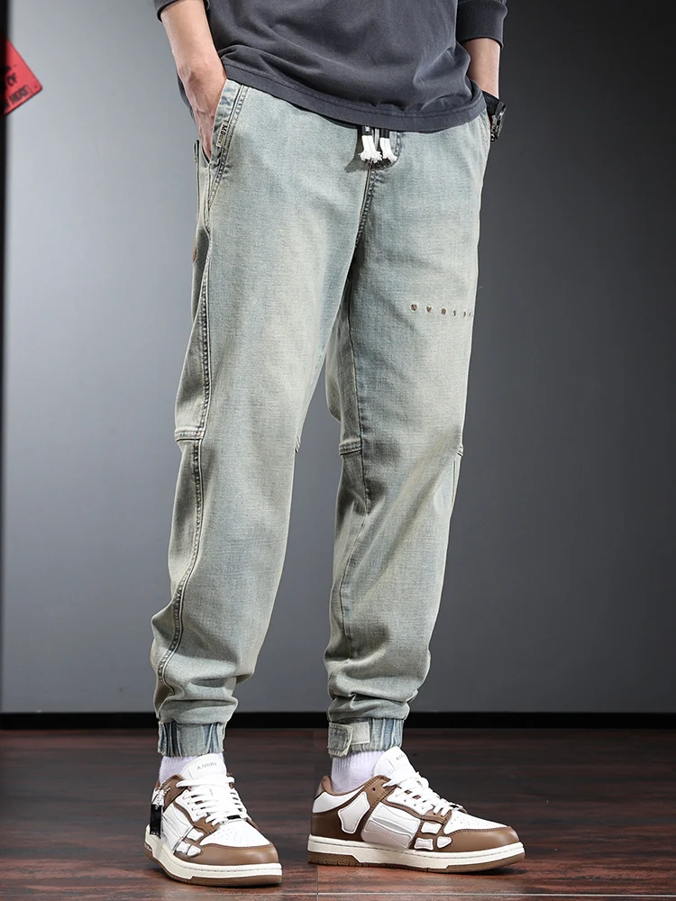 

Autumn Baggy Jeans Men Fashion Streetwear Yellow Blue Elastic Waist Drawstring Denim Pants