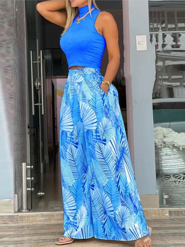 

Элегантный женский комплект из двух предметов, летний однотонный укороченный топ без рукавов с воротником-стойкой и принтом растений, широкие брюки, комплект одежды для женщин