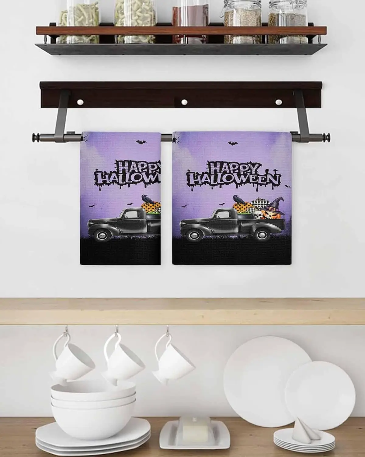 Halloween Black Truck Haunted CastlePumpkin Ghost Face Bat Cleaning Supplies Quick DryingHand Towels Set Home Decorations