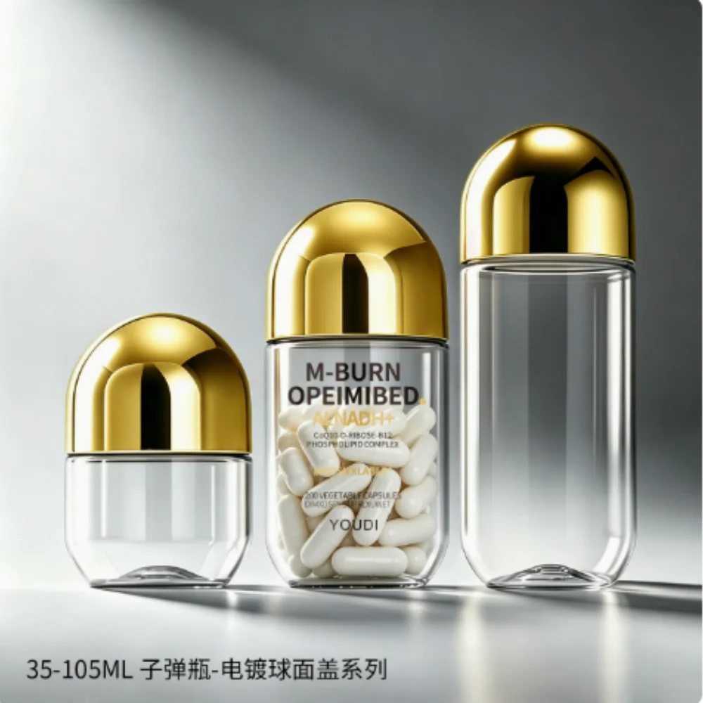 10pcs 35/75/105ml Electroplated Dome Cap Capsule Bottles PET Empty Containers for Pills Supplements Vitamins Storage Airtight