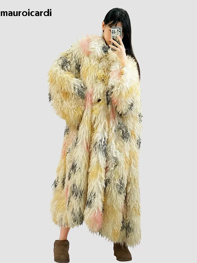 Winter Lange Oversized Kleurrijke Shaggy Harige Dikke Warme Faux Mongoolse Bontjas Vrouwen Losse Casual Pluizige Koreaanse Mode 2024