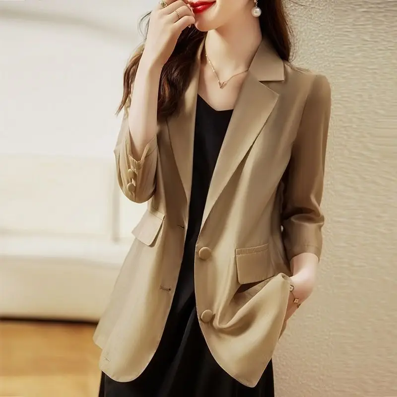 

Elegant Lapel Button Pockets Oversized All-match Blazer Women Clothing 2024 Spring New Casual Tops Solid Color Office Lady Suits