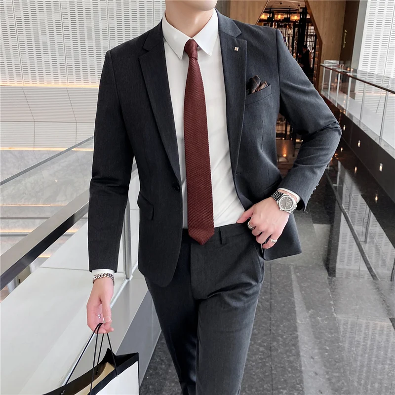 Suit Coat + Pants 2 Pcs Set Fashion New Men\'s High Quality Low Price Business Wedding Groom Pure Color Blazers Trousers 4XL 5XL