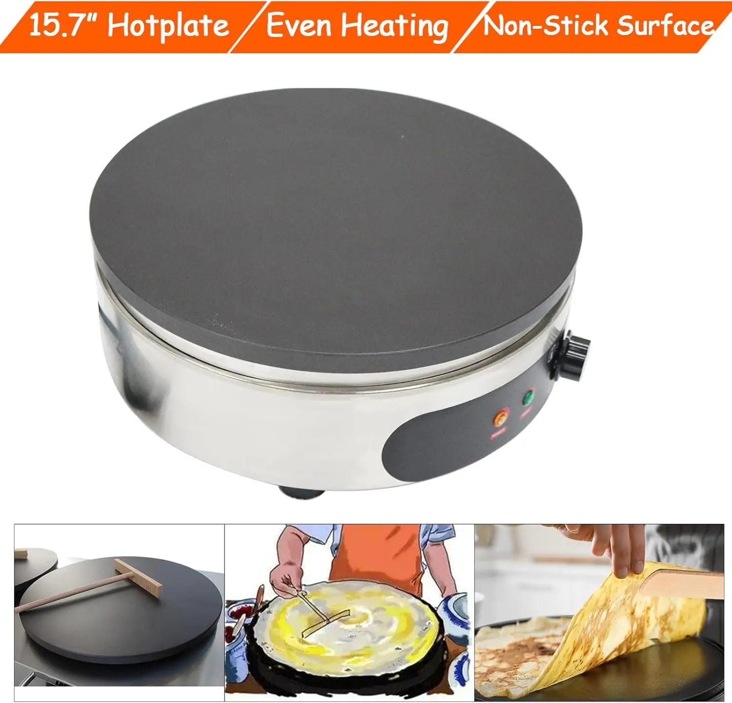 Electric Crepe Maker 16" Non-Stick Pancake Making Machine 110V 2.68HP Flat Plate Crepe Griddle50-300℃ Hot Plate Pancake Machine