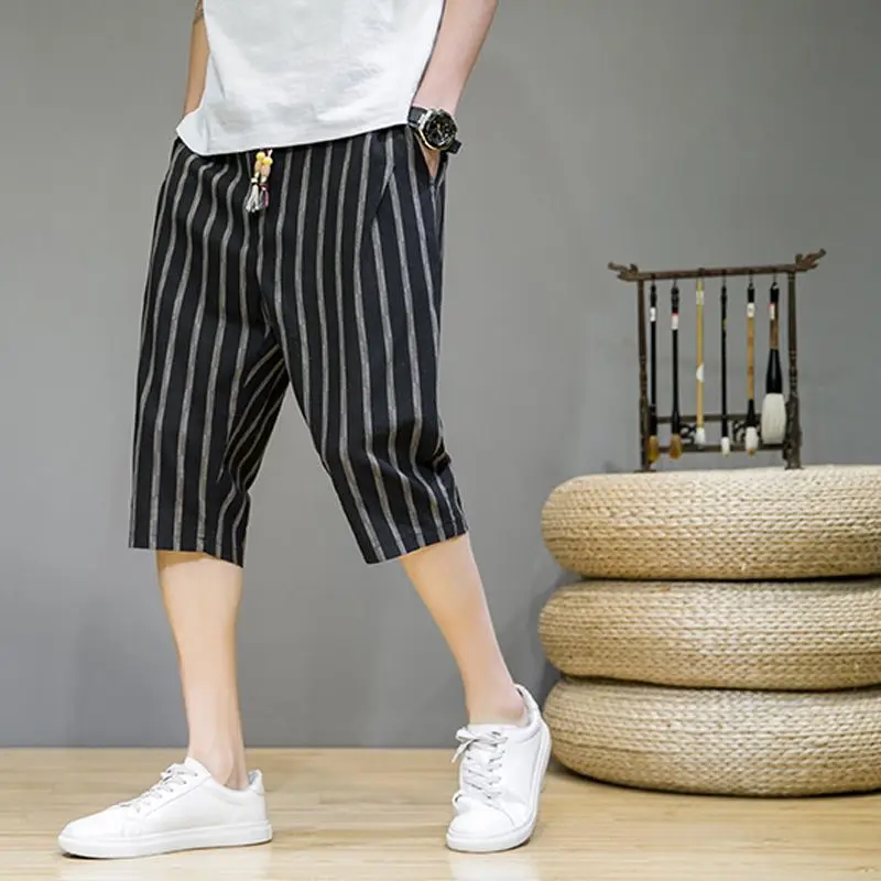 Summer Fashion Sports Casual Calf-Length Pants Men\'s Elastic Waist Drawstring Pocket Versatile Striped Cotton Hemp Beach Shorts