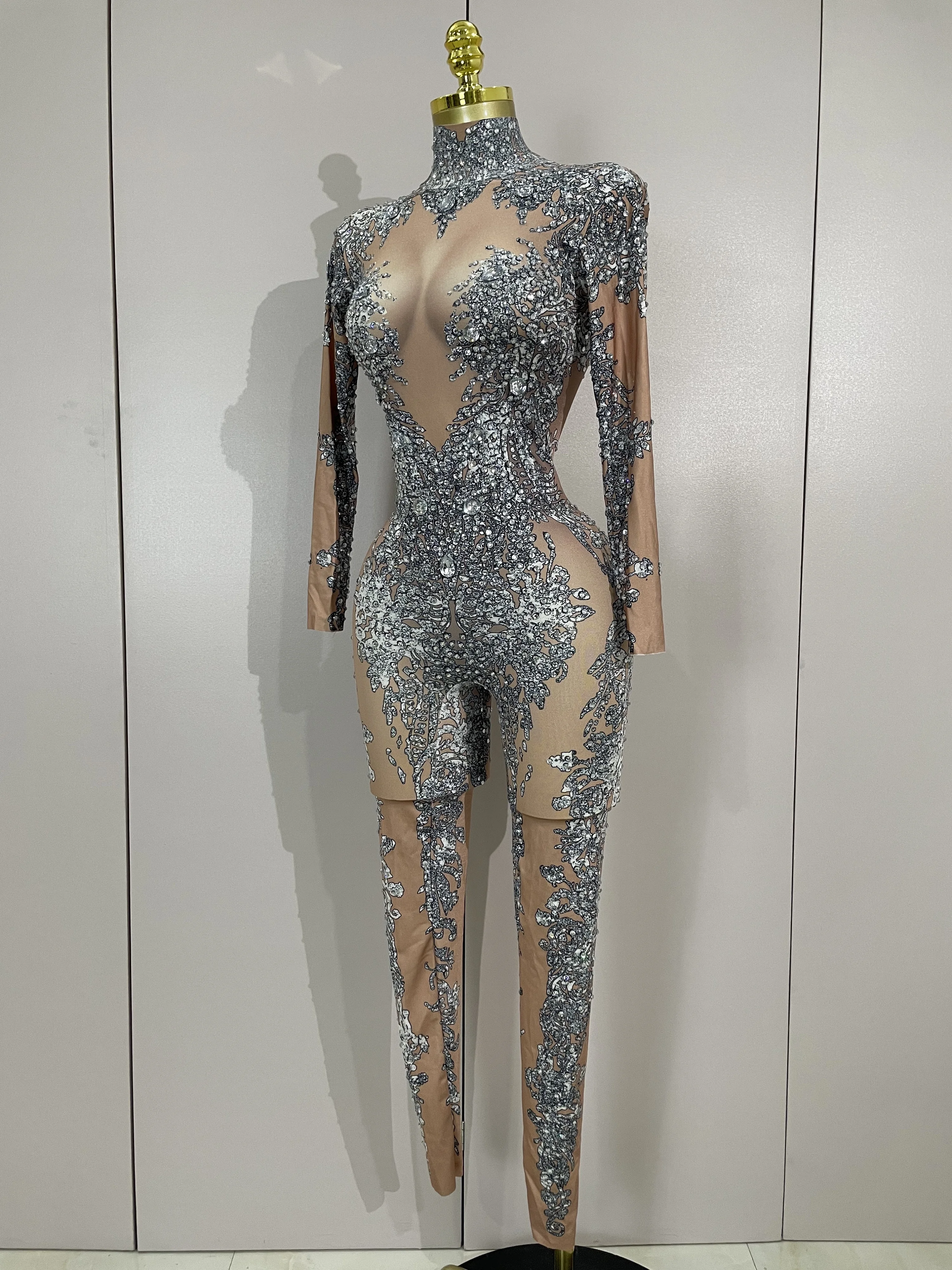 Sexy Stage Costumes Luxury Sparkly Diamonds Print Long Sleeves Stretch Jumpsuit Evning Party Dancer Nightclub Performance Wear