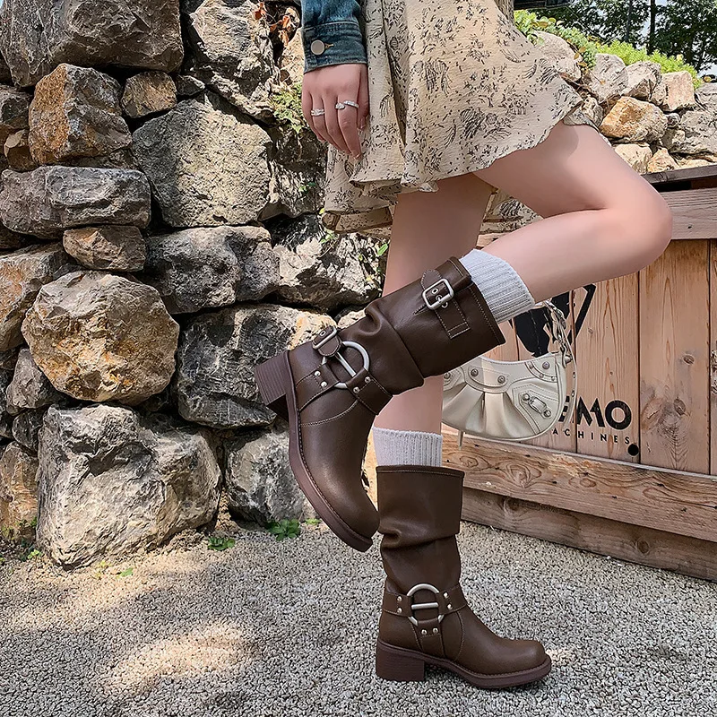 

Western Europe and America Belt Buckle Stacking Boots Mid length Long Boots for Women High boots Knight Boots for Women