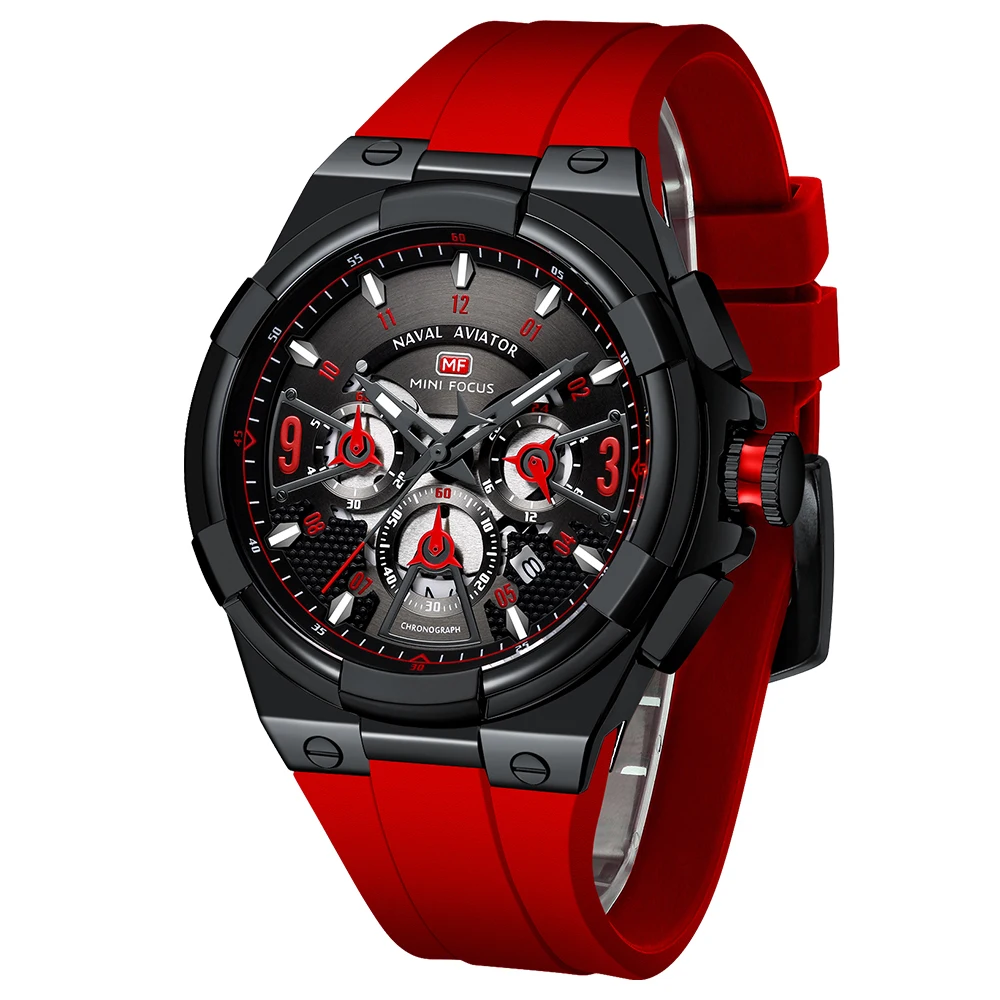 MINI FOCUS Men's Quartz Watch, Floating Skeleton Dial, Luminous, Calendar, 24-Hour Display, 30M Water Resistant, Silicone Strap