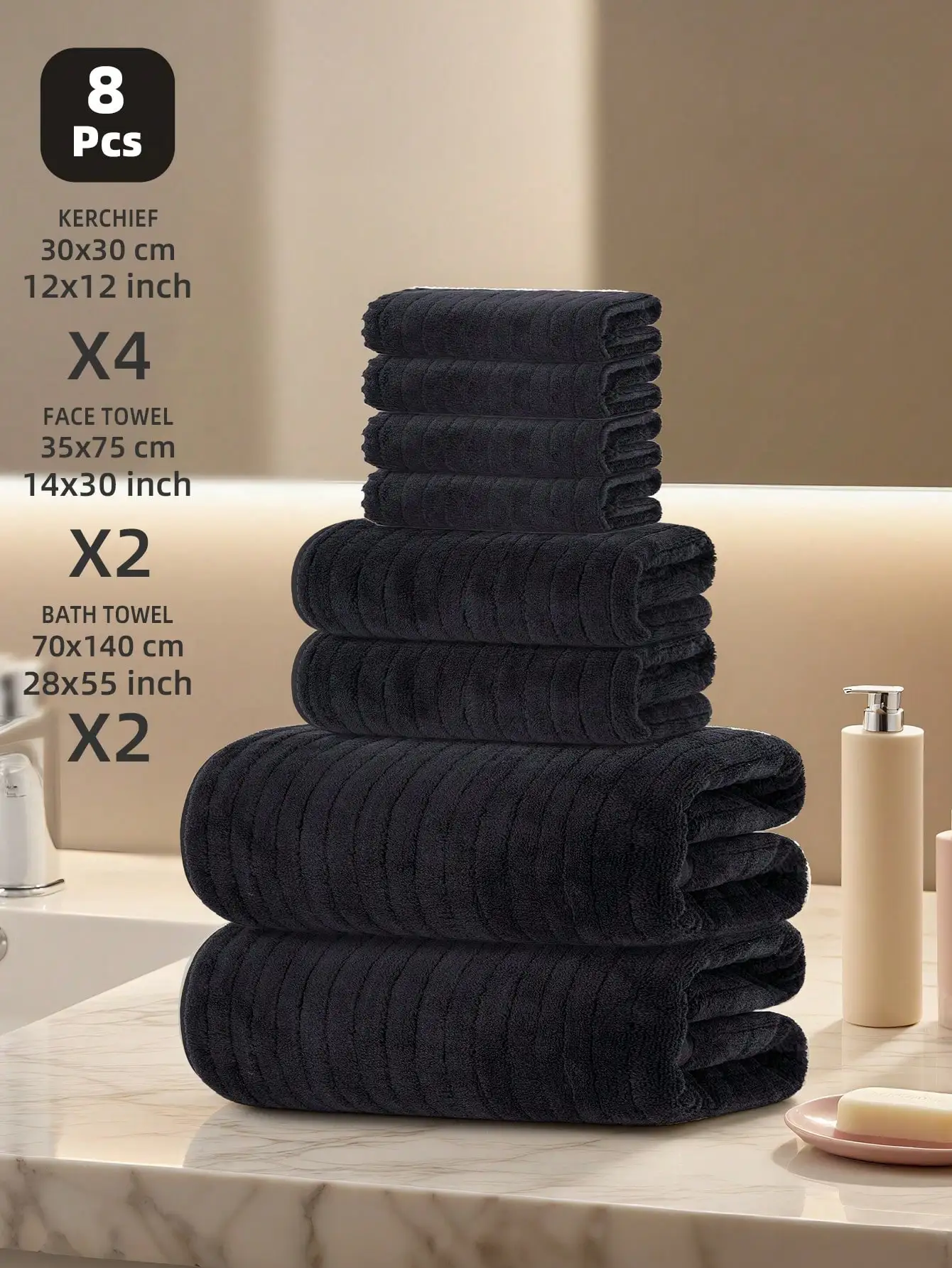 8-Piece Towel Set: 2 Bath Towels, 2 Hand Towels, and 4 Face Towels. Soft, Highly Absorbent, and Quick-Drying—Ideal for Bathrooms