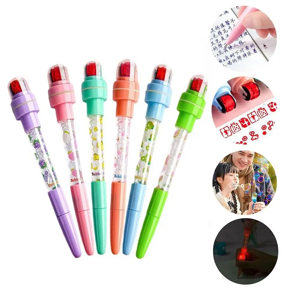 

Cartoon With Light Bubbler Pen With Stamp 5 In 1 Fidget Seal Roller Stamp Pen Sensory Writing Signing Bubble Blowing Pen School