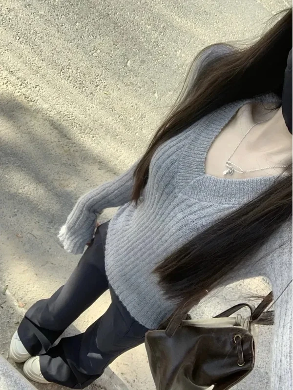 

Slim Fit Long Sve V-Ne Women's Base irt Inner Wear Casual Sle Knitted Top Trendy ey Korean Sle Commute Wind