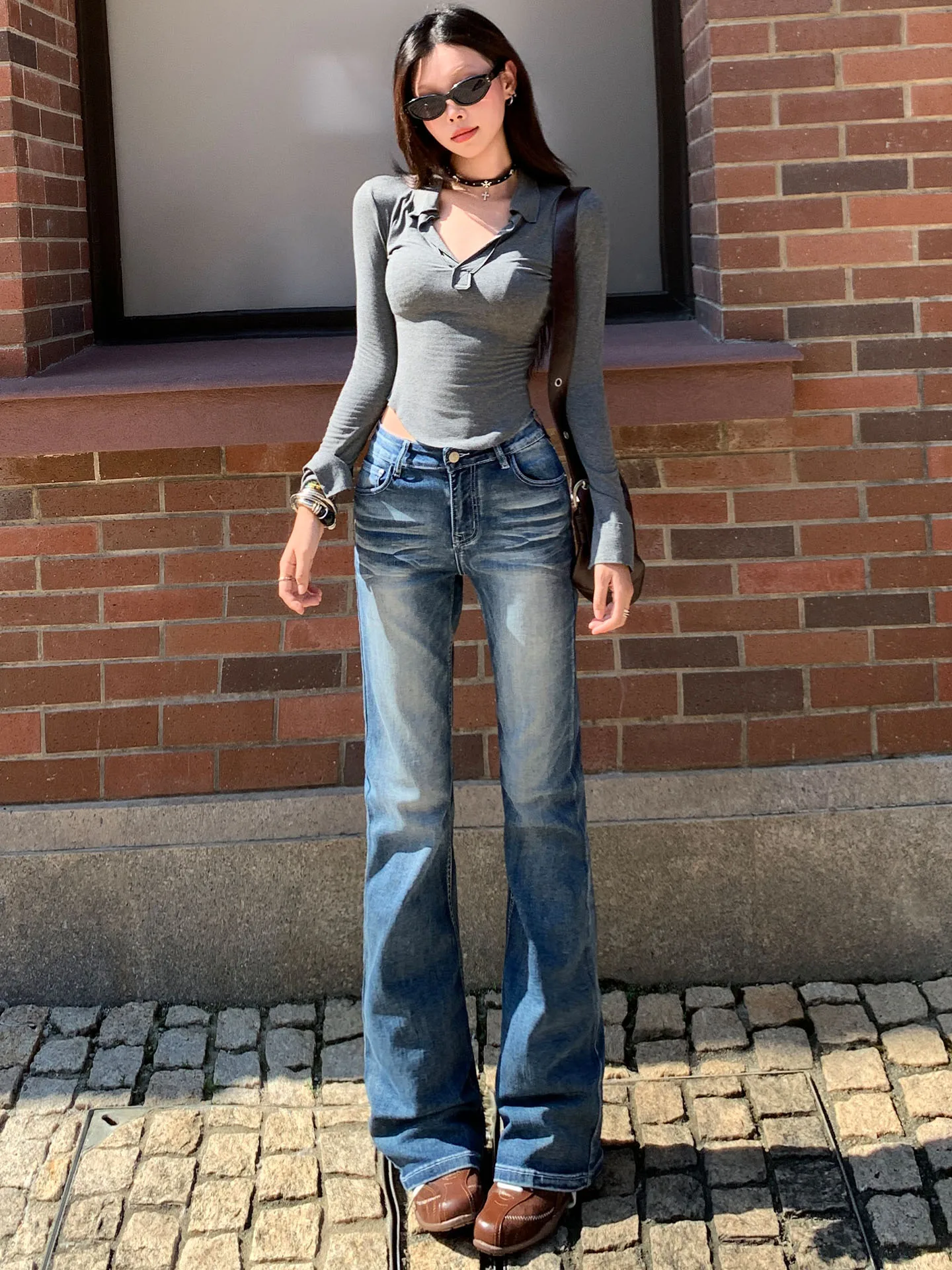 

Retro American Low Waist Straight Leg Jeans Women's Slimming Stylish Casual Cotton Blend Deep Washed Daily Wear