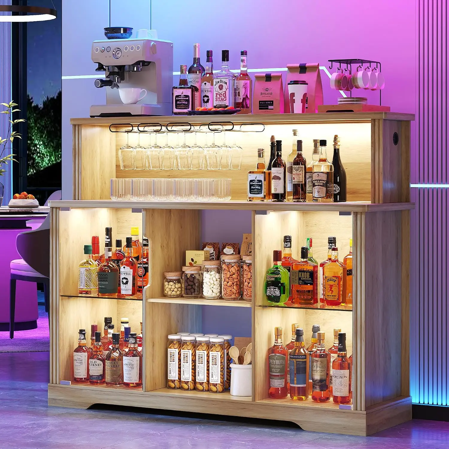 LED Bar Cabinet with Wine Rack & Power Outlet, Sideboard with Stemware Holders, Adjustable Lighting Liquor Cabinet, Customized