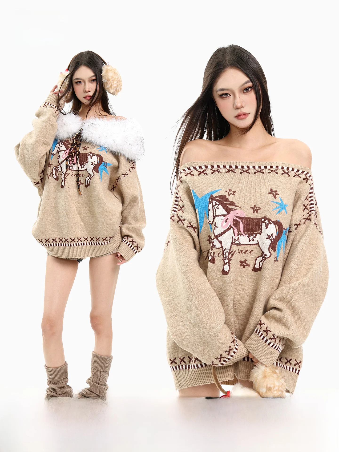 

CCUP SPACE American Cartoon One oulder Knitted Sweater Women's Slim Fit Warm Top Vintage Sle Long Sve Crew Ne