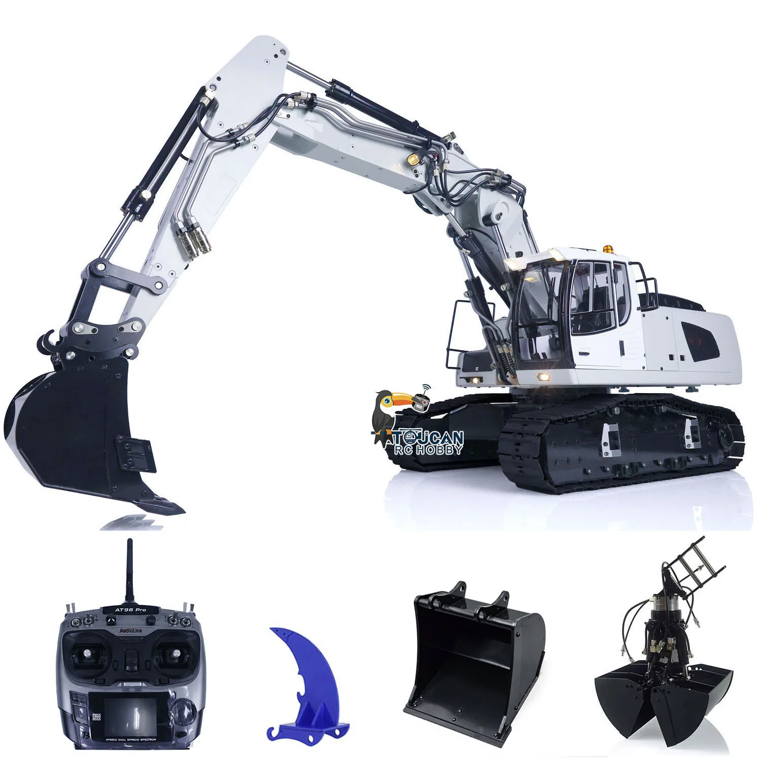 MT Model 1/14 946-3 10CH Tracked Hydraulic RC Excavator Painted White Metal Grab Tiltable Clamshell Bucket Ripper Cars Boys Toys