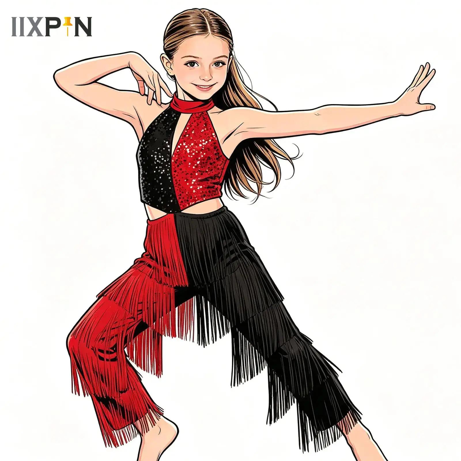 

Teens Kids Girls Disco Latin Jazz Dance Jumpsuit Sleeveless Shiny Sequin Tassel Bodysuit Ballroom Cha-cha Tango Samba Dancewear
