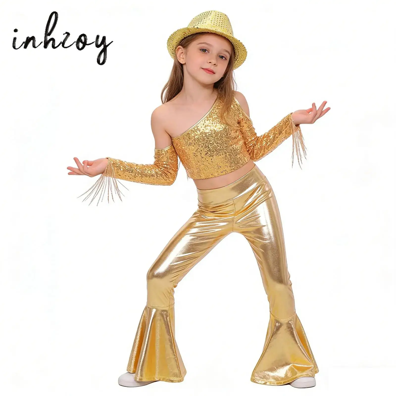 

Kids Girls Hip Hop Jazz Dance Cheerleading Performance Costume Shiny Long Sleeve Tassel Sequin Crop Top with Pants Dancewear