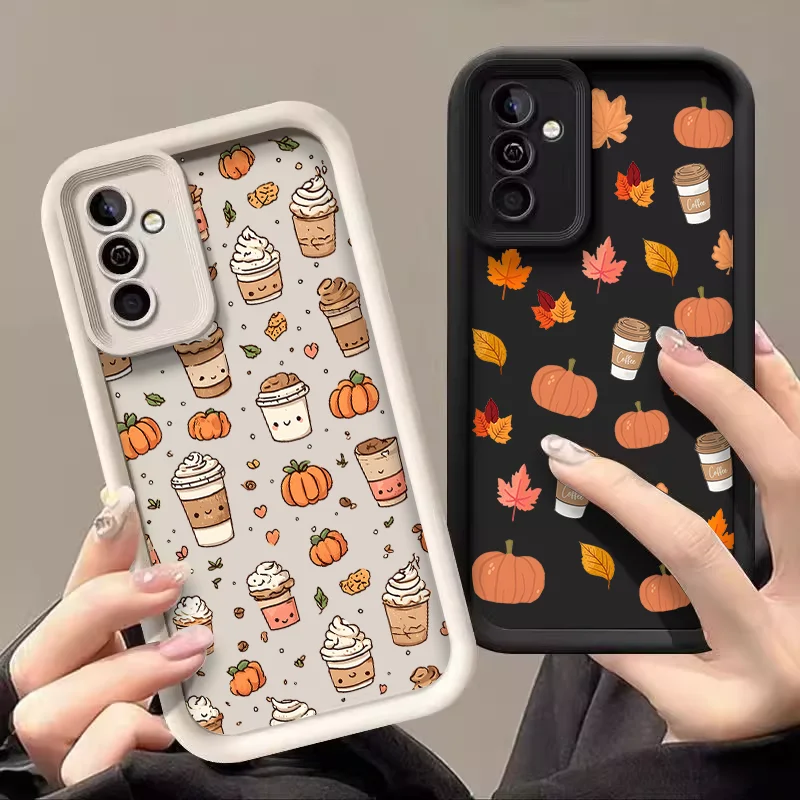 Cute Autumn Leaf Pumpkin Coffee Pattern Phone Case for Samsung Galaxy A57 A56 A55 A54 A53 A52 A51 A37 A36 A14 A17 5G Soft Covers