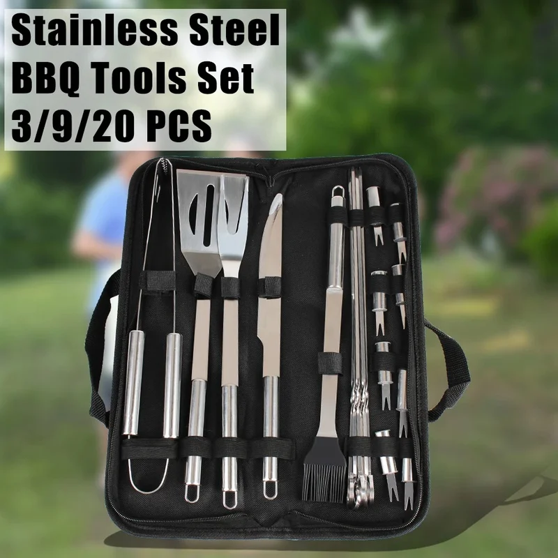 

Stainless Steel BBQ Tools Set - 3/9/20 PCS Camping Outdoor Utensils with Spatula, Fork, Tongs, Knife, Brush, and Skewers