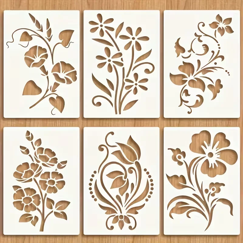 6PCS 5.8x8.3 inch Flower Stencil Set for DIY Painting, Reusable PET Templates for Scrapbooking, Card Making and Home Decor Craft