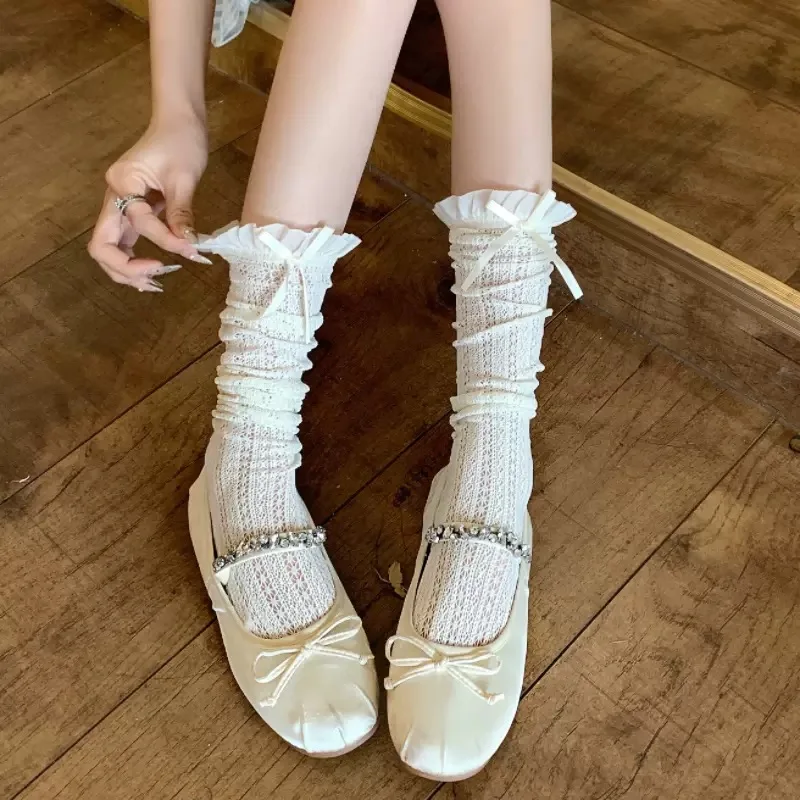 

Sweet women Long Tube Lace Bowknot Jacquard Pattern Cosplay Long Kawaii Socks Female Retro Knee High JK hollow-out Lolita Socks