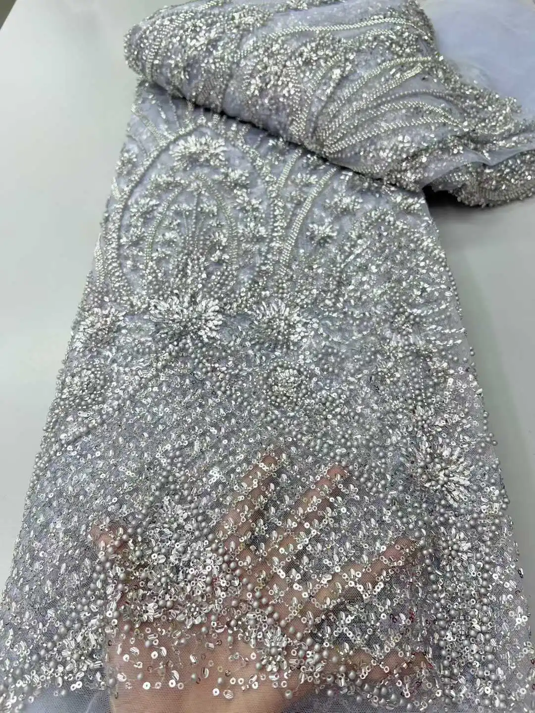 Роскошная африканская кружевная ткань, белый тюль, кружевная ткань, 2025 5 ярдов, тяжелый тюль с блестками и бисером, кружево для вечерние свадебных платьев A1697